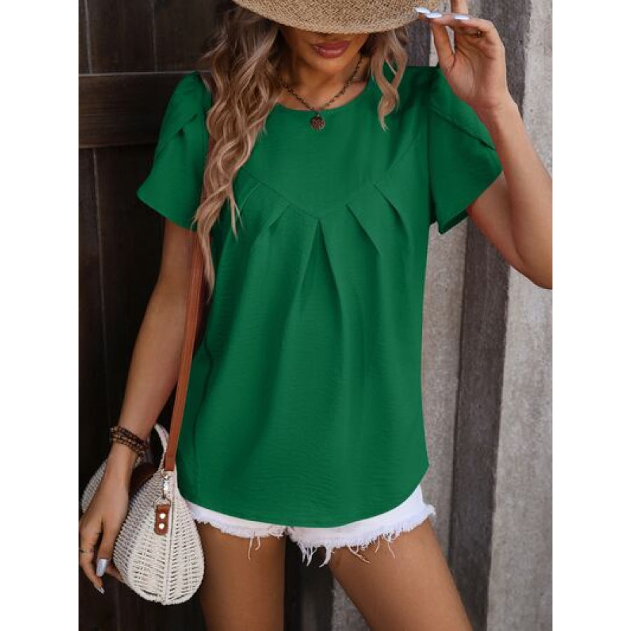 Ruched Round Neck Petal Sleeve Blouse Green / S Apparel and Accessories