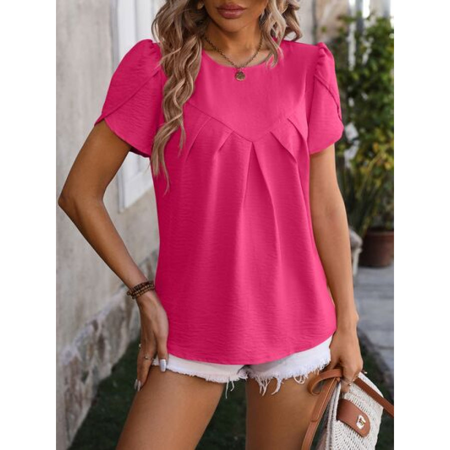 Ruched Round Neck Petal Sleeve Blouse Hot Pink / S Apparel and Accessories