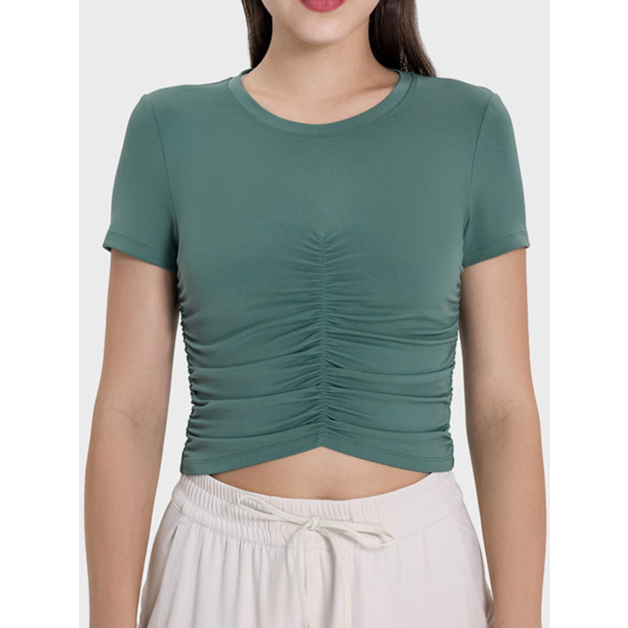 Ruched Round Neck Short Sleeve Active T-Shirt Apparel and Accessories