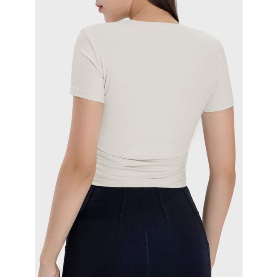 Ruched Round Neck Short Sleeve Active T-Shirt Apparel and Accessories