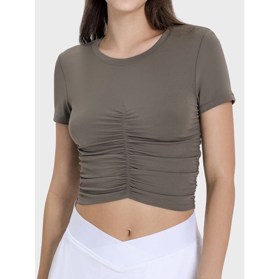 Ruched Round Neck Short Sleeve Active T-Shirt Apparel and Accessories
