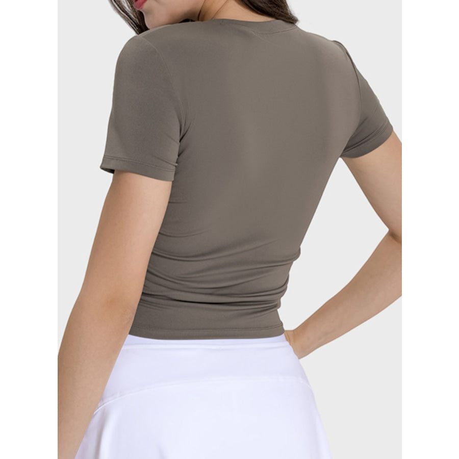 Ruched Round Neck Short Sleeve Active T-Shirt Mocha / 4 Apparel and Accessories