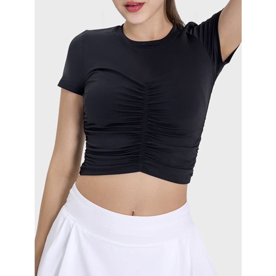 Ruched Round Neck Short Sleeve Active T-Shirt Apparel and Accessories