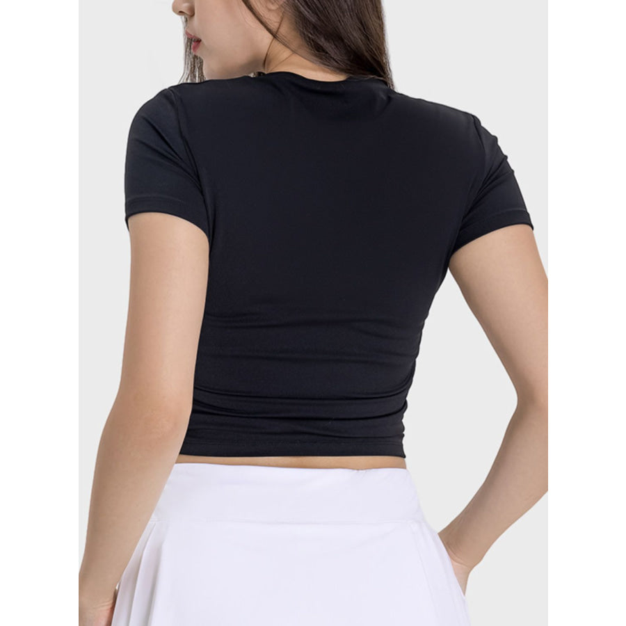 Ruched Round Neck Short Sleeve Active T-Shirt Apparel and Accessories