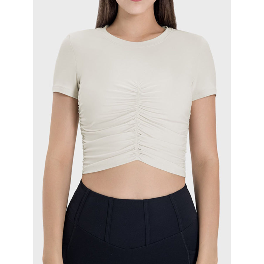 Ruched Round Neck Short Sleeve Active T-Shirt Apparel and Accessories