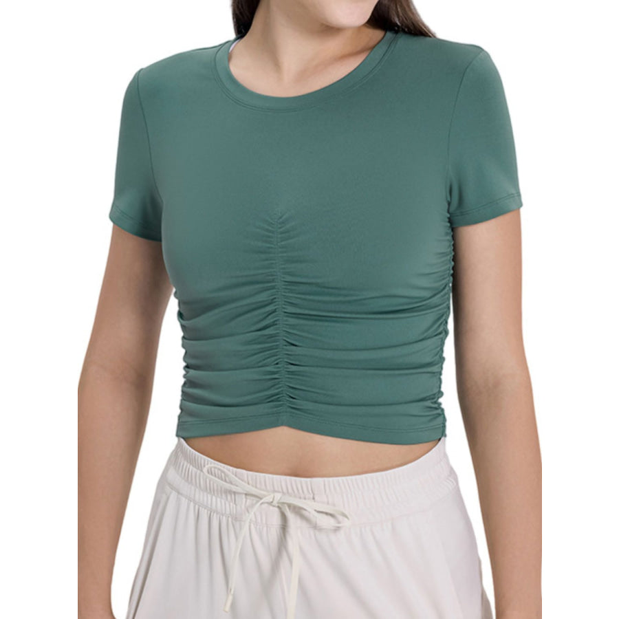 Ruched Round Neck Short Sleeve Active T-Shirt Apparel and Accessories