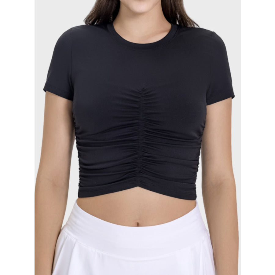 Ruched Round Neck Short Sleeve Active T-Shirt Black / 4 Apparel and Accessories