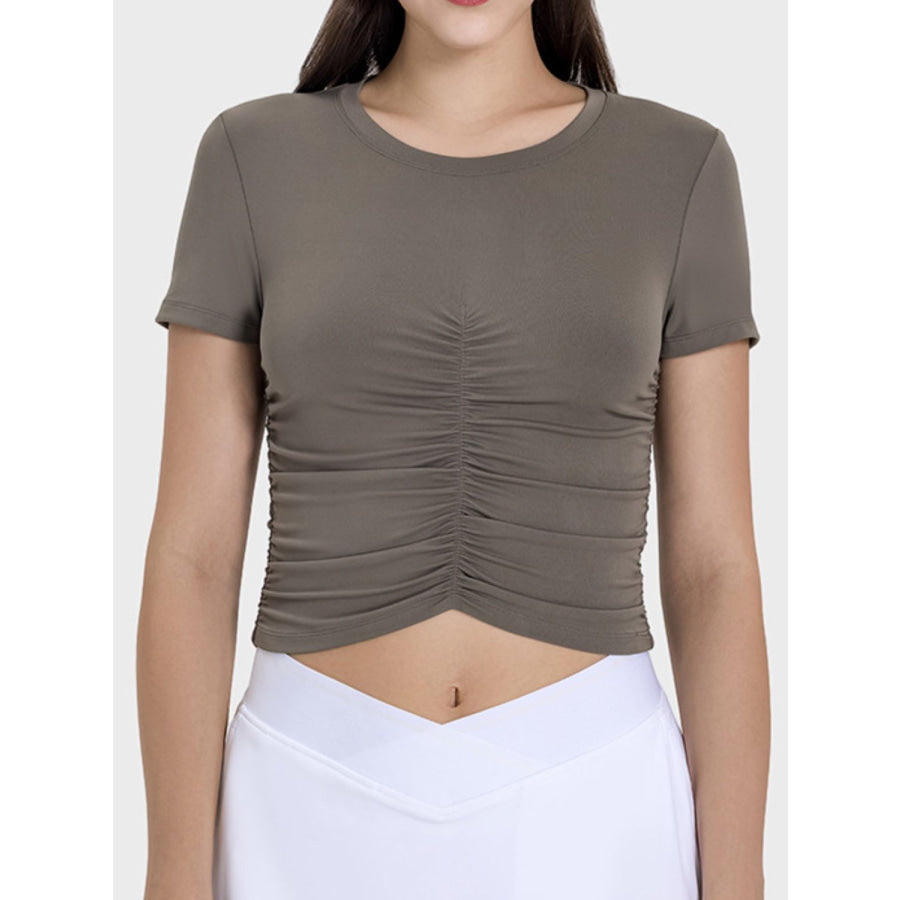 Ruched Round Neck Short Sleeve Active T-Shirt Mocha / 4 Apparel and Accessories