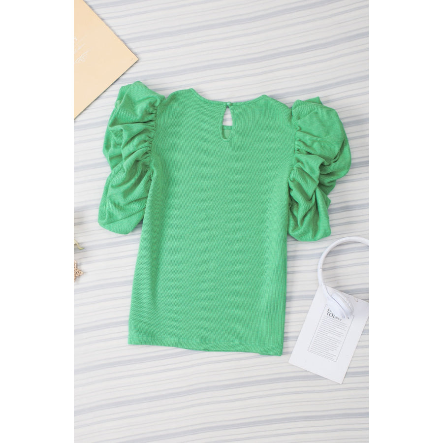 Ruched Round Neck Short Sleeve Blouse Apparel and Accessories