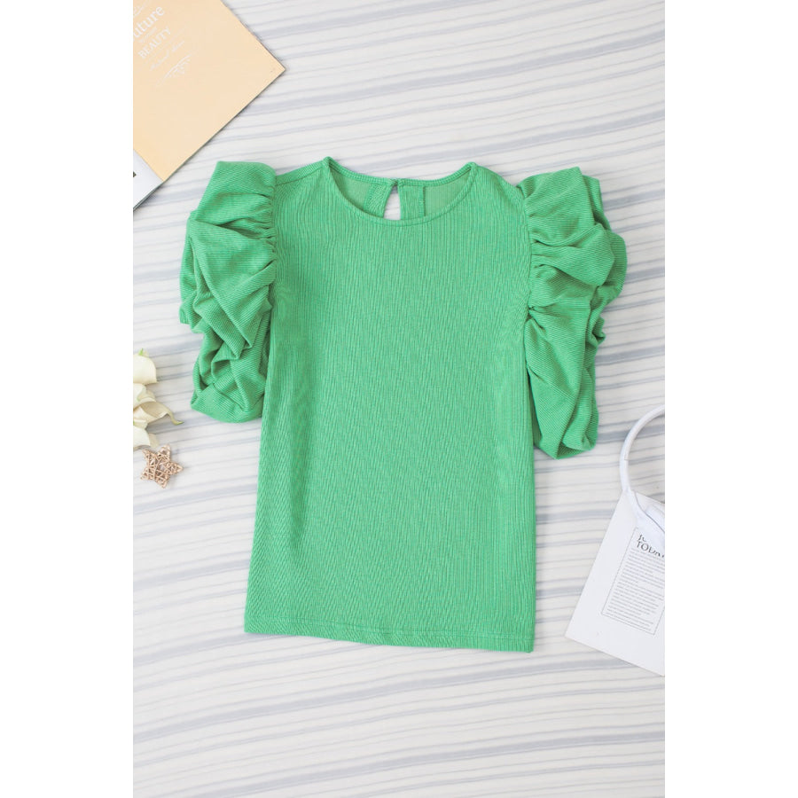 Ruched Round Neck Short Sleeve Blouse Apparel and Accessories