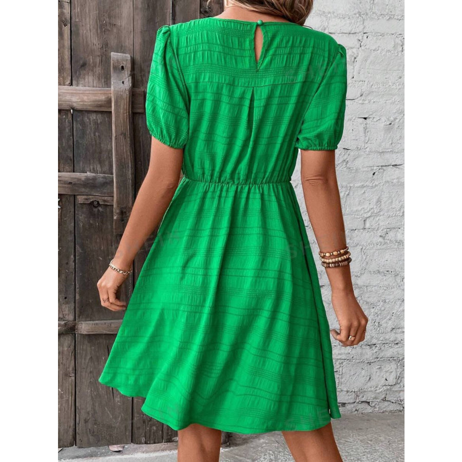 Ruched Round Neck Short Sleeve Mini Dress Apparel and Accessories