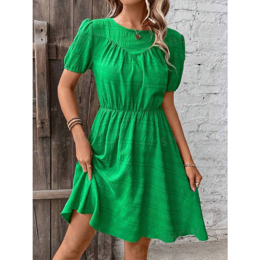 Ruched Round Neck Short Sleeve Mini Dress Apparel and Accessories