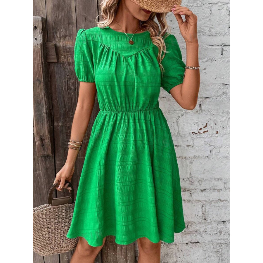 Ruched Round Neck Short Sleeve Mini Dress Mid Green / S Apparel and Accessories