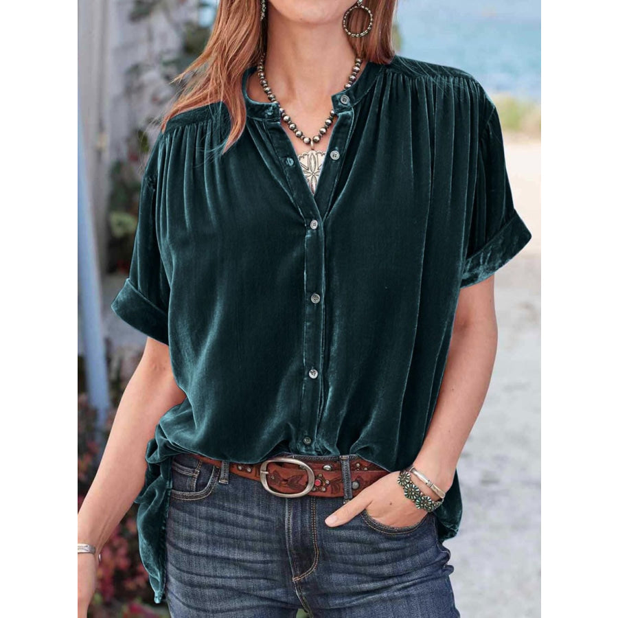 Ruched Round Neck Short Sleeve Shirt Apparel and Accessories