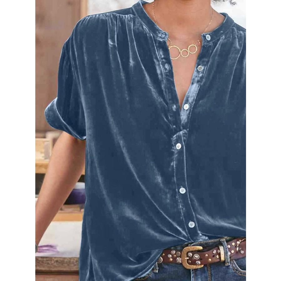 Ruched Round Neck Short Sleeve Shirt Dusty Blue / S Apparel and Accessories