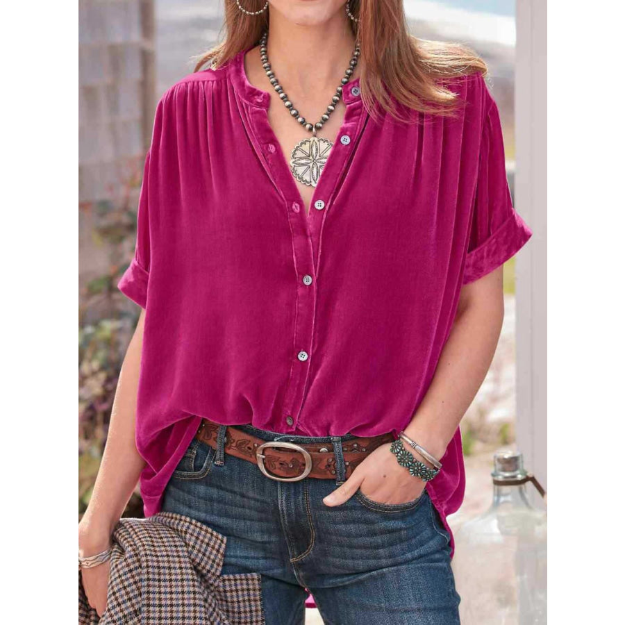 Ruched Round Neck Short Sleeve Shirt Cerise / S Apparel and Accessories