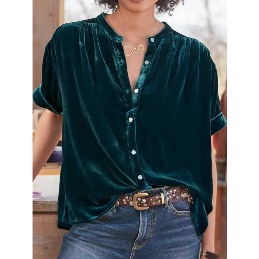 Ruched Round Neck Short Sleeve Shirt Dark Green / S Apparel and Accessories