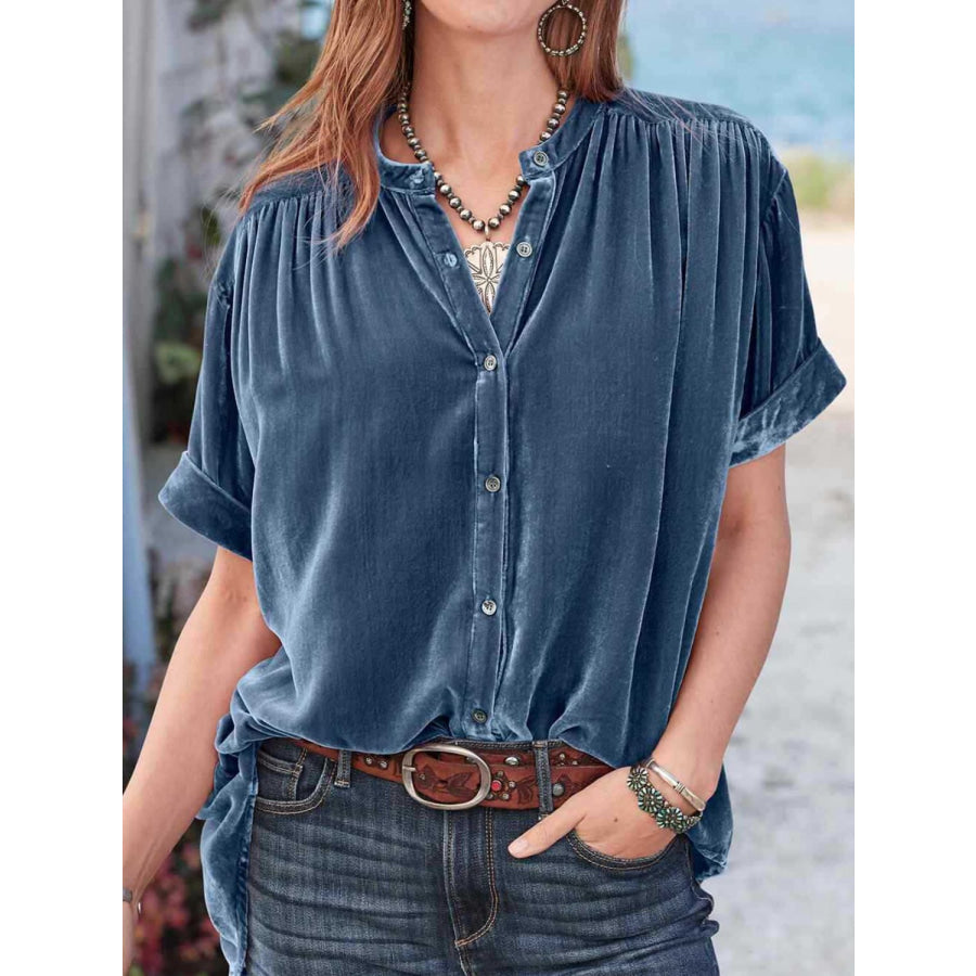 Ruched Round Neck Short Sleeve Shirt Dusty Blue / S Apparel and Accessories