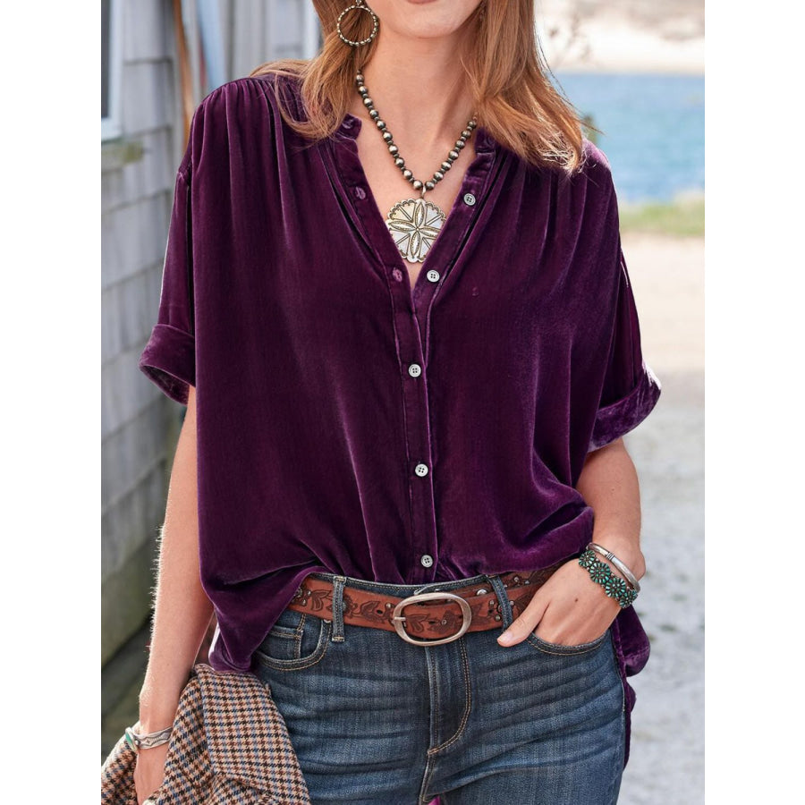 Ruched Round Neck Short Sleeve Shirt Plum Purple / S Apparel and Accessories