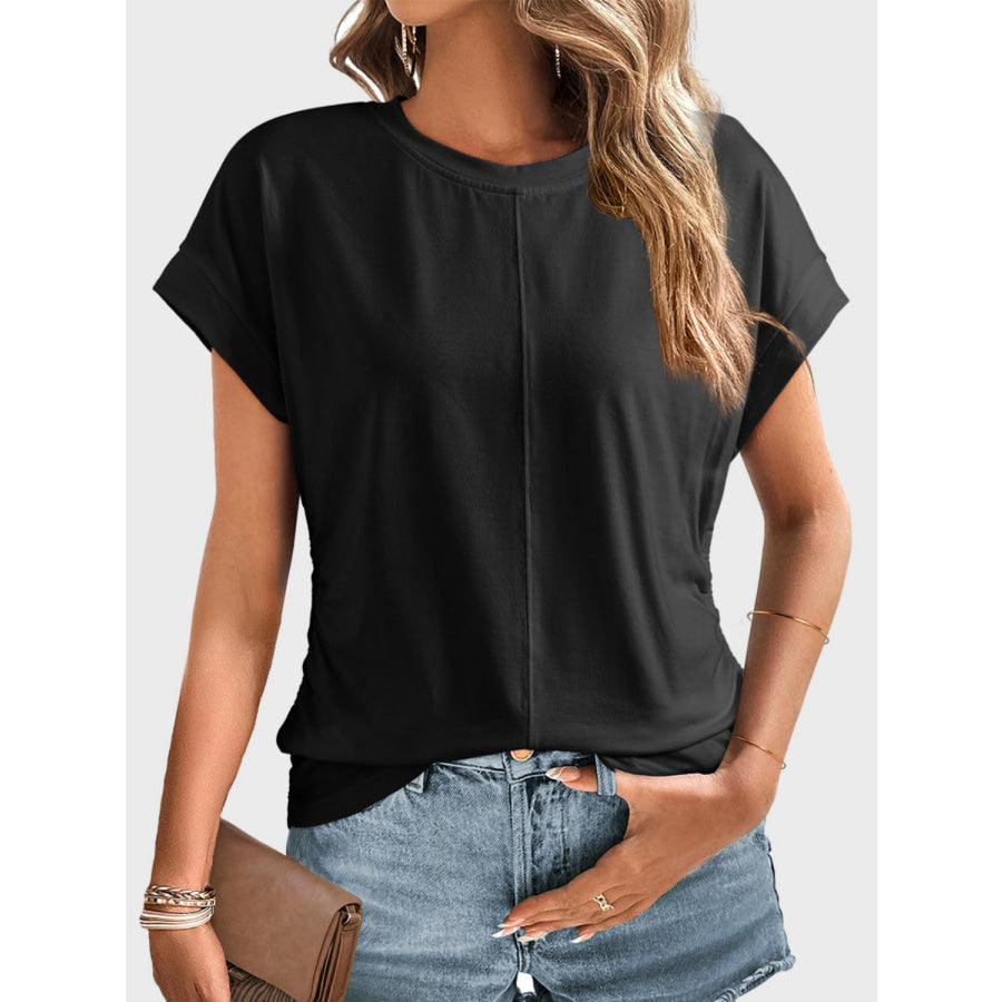 Ruched Round Neck Short Sleeve T-Shirt Apparel and Accessories