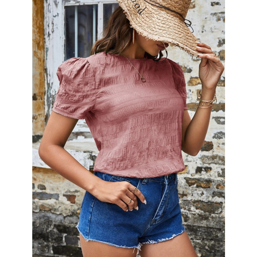 Ruched Round Neck Short Sleeve T-Shirt Apparel and Accessories