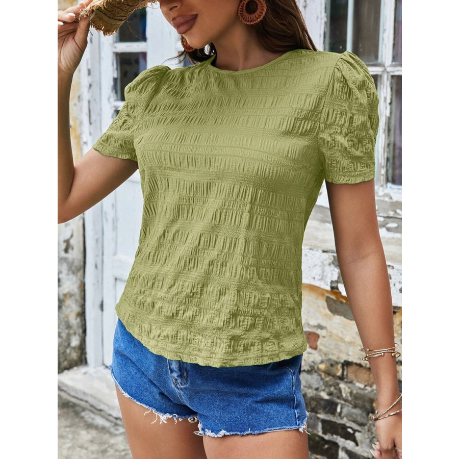 Ruched Round Neck Short Sleeve T-Shirt Chartreuse / S Apparel and Accessories