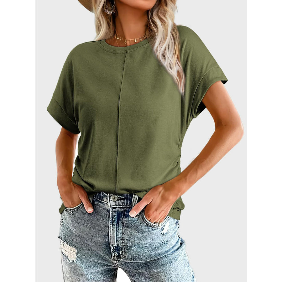 Ruched Round Neck Short Sleeve T-Shirt Apparel and Accessories