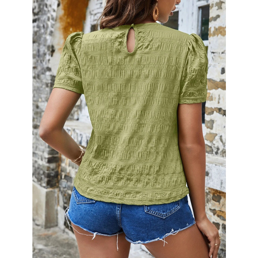 Ruched Round Neck Short Sleeve T-Shirt Apparel and Accessories
