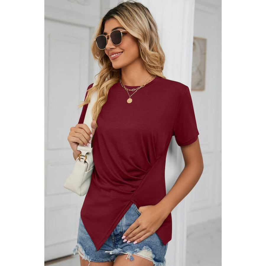 Ruched Round Neck Short Sleeve T - Shirt Apparel and Accessories