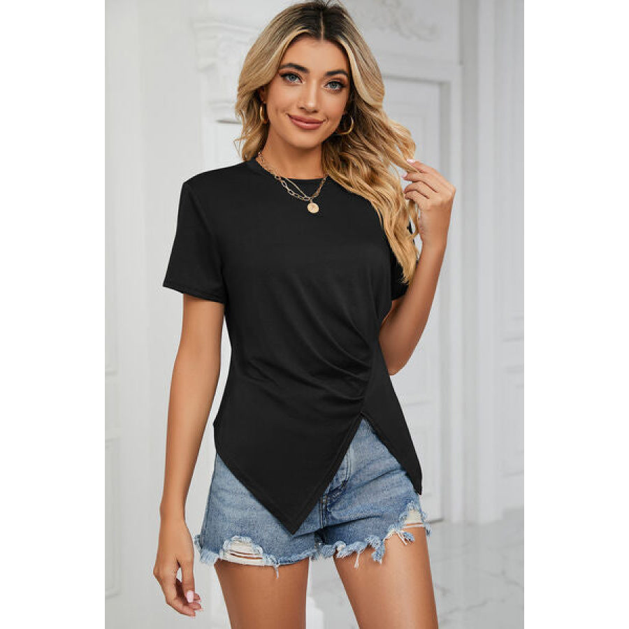 Ruched Round Neck Short Sleeve T - Shirt Apparel and Accessories