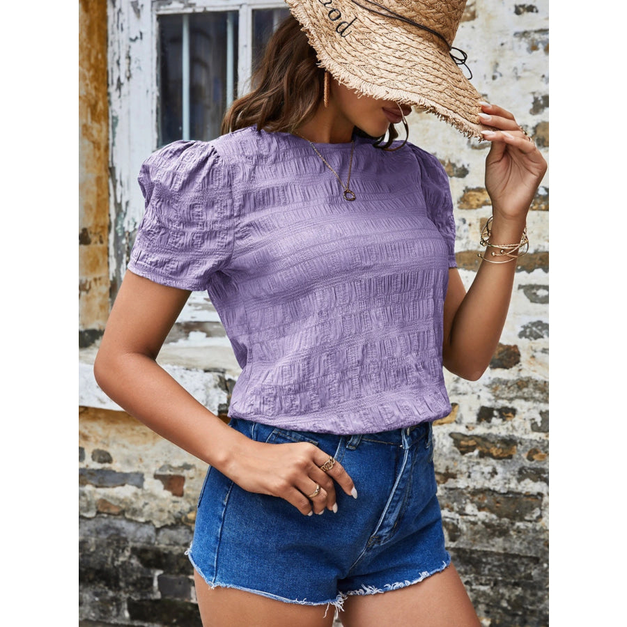 Ruched Round Neck Short Sleeve T-Shirt Apparel and Accessories