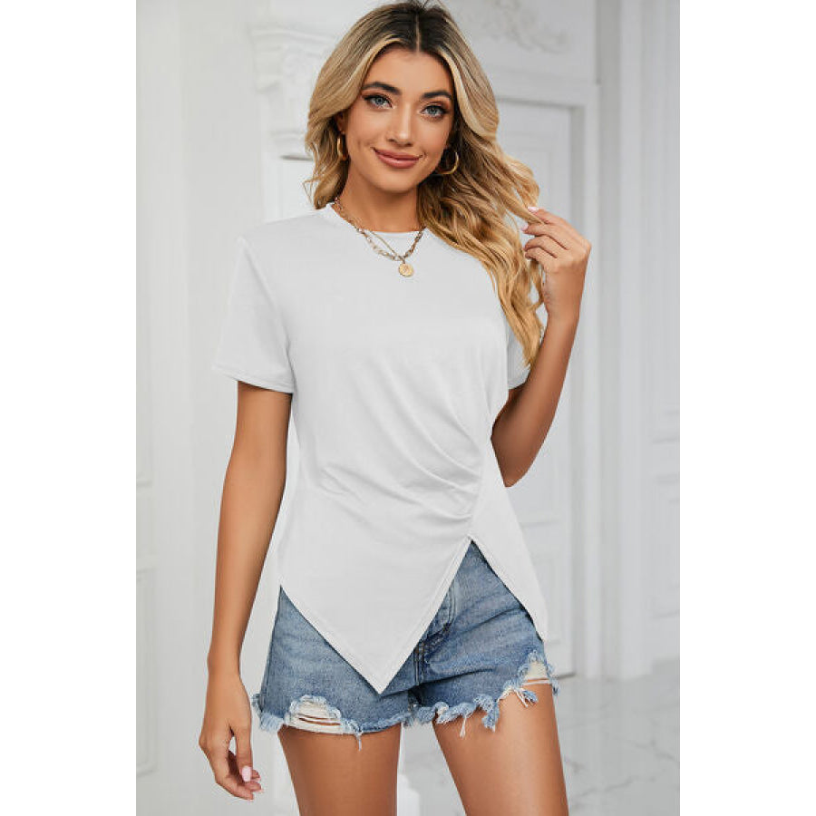 Ruched Round Neck Short Sleeve T - Shirt Apparel and Accessories