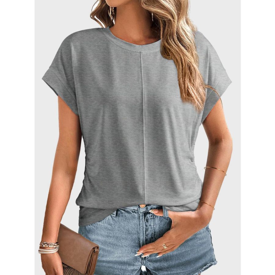 Ruched Round Neck Short Sleeve T-Shirt Apparel and Accessories