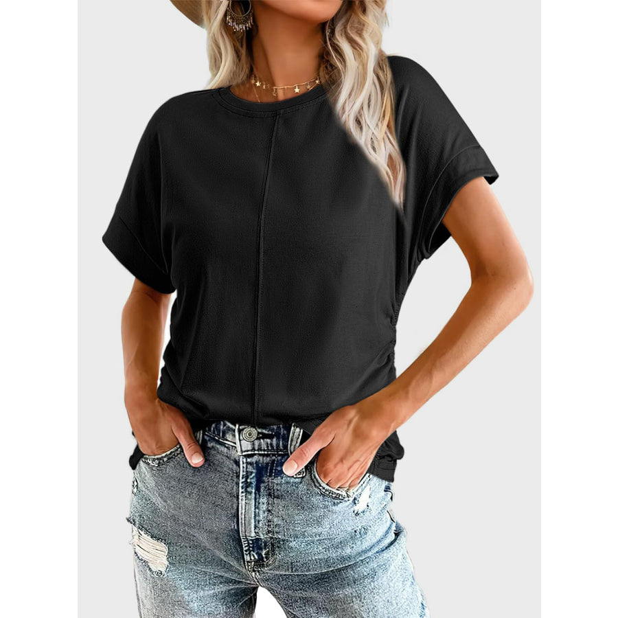 Ruched Round Neck Short Sleeve T-Shirt Black / S Apparel and Accessories