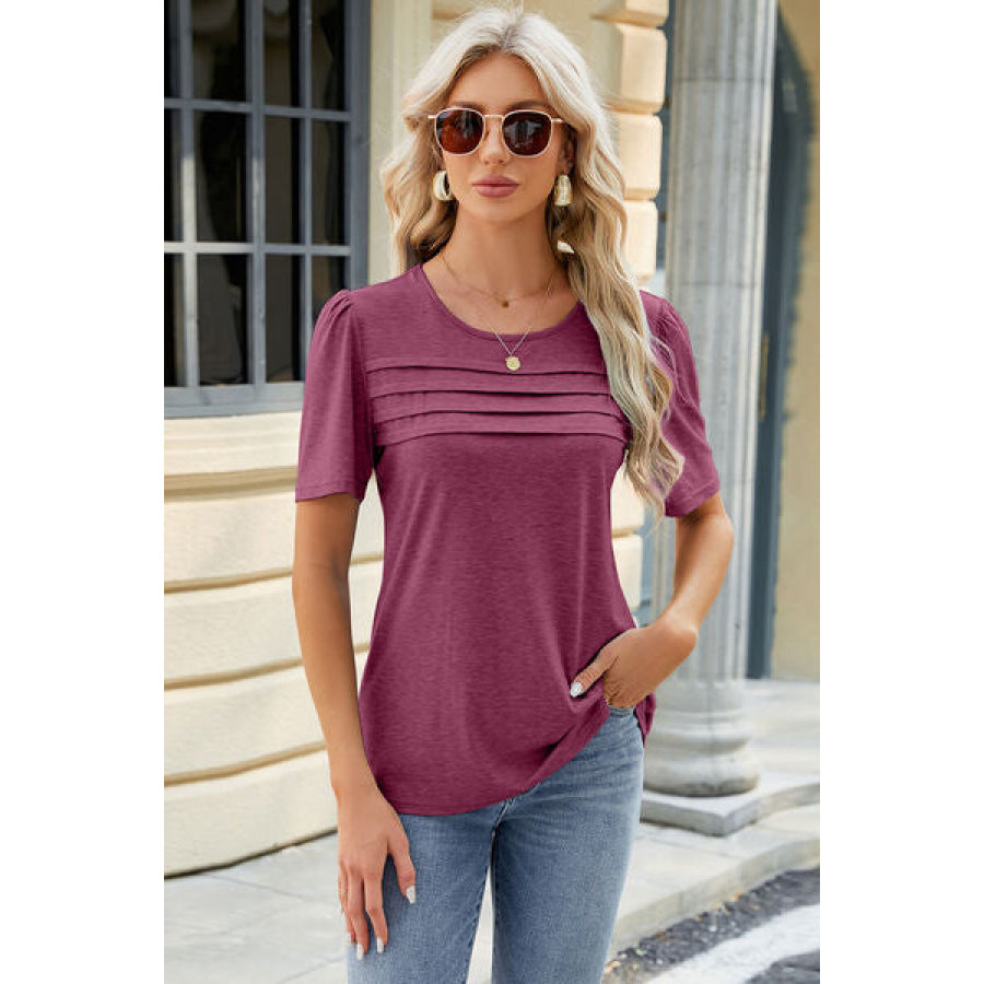 Ruched Round Neck Short Sleeve T - Shirt Cerise / S Apparel and Accessories