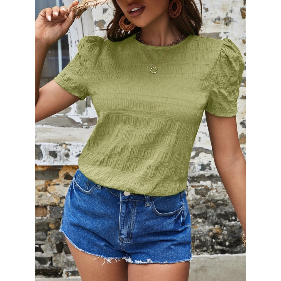 Ruched Round Neck Short Sleeve T-Shirt Chartreuse / S Apparel and Accessories