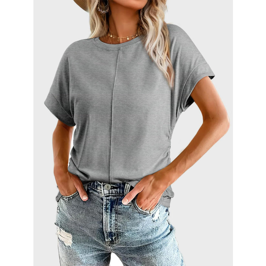 Ruched Round Neck Short Sleeve T-Shirt Gray / S Apparel and Accessories