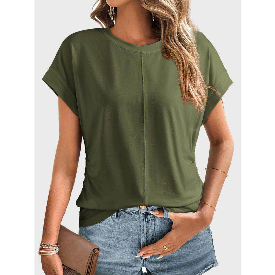 Ruched Round Neck Short Sleeve T-Shirt Moss / S Apparel and Accessories