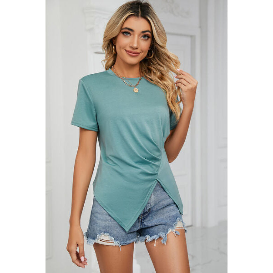Ruched Round Neck Short Sleeve T - Shirt Teal / S Apparel and Accessories