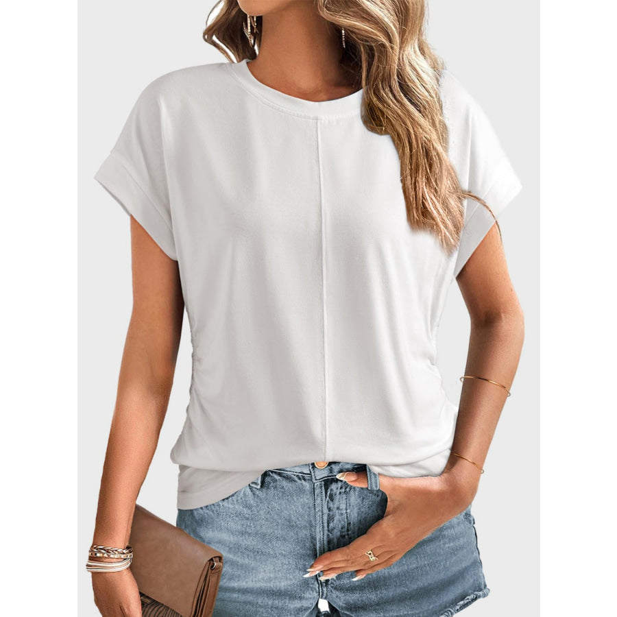 Ruched Round Neck Short Sleeve T-Shirt White / S Apparel and Accessories