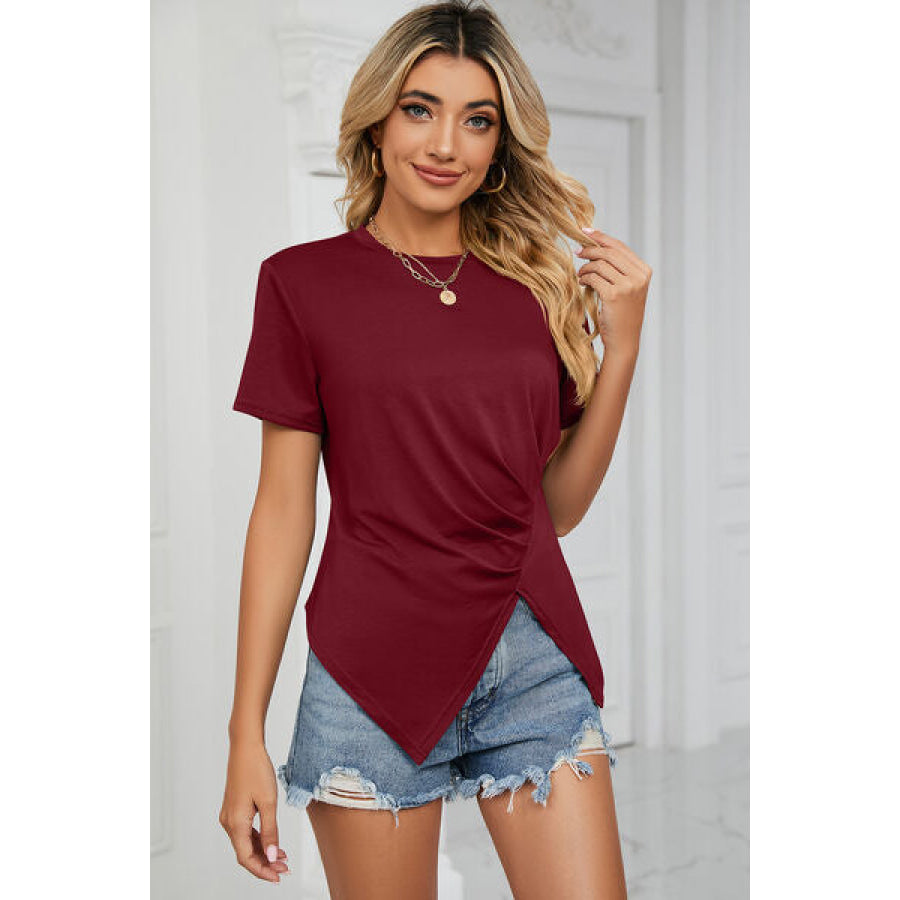 Ruched Round Neck Short Sleeve T - Shirt Wine / S Apparel and Accessories