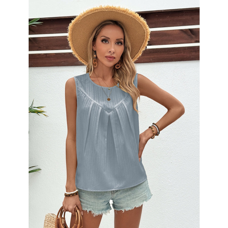 Ruched Round Neck Tank Misty Blue / S Apparel and Accessories