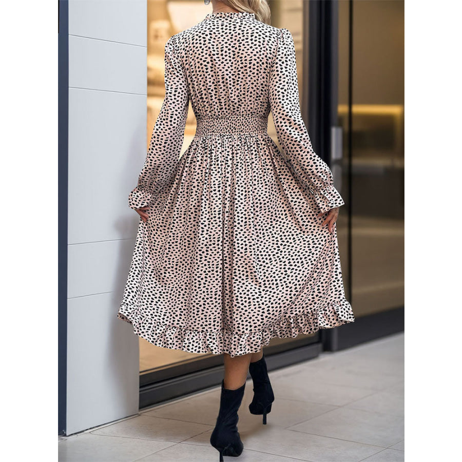 Ruched Ruffled Leopard Long Sleeve Dress Dust Storm / S Apparel and Accessories