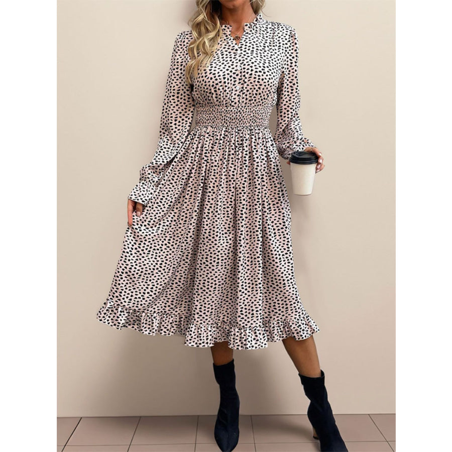 Ruched Ruffled Leopard Long Sleeve Dress Dust Storm / S Apparel and Accessories