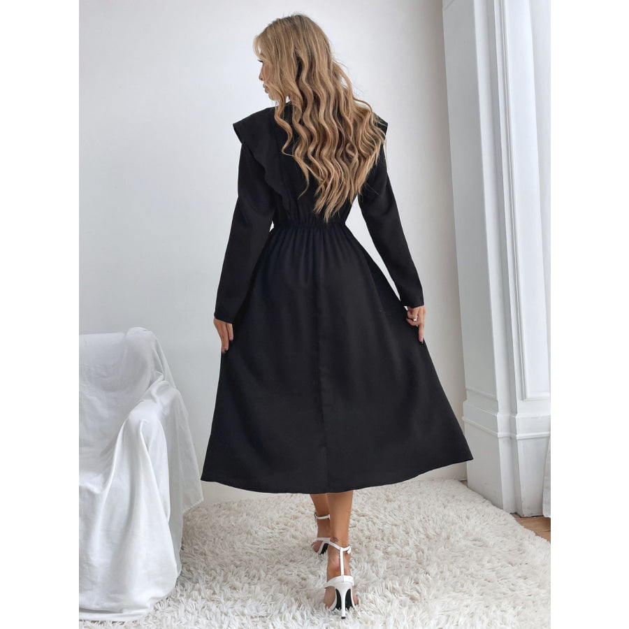 Ruched Ruffled Round Neck Long Sleeve Dress Apparel and Accessories