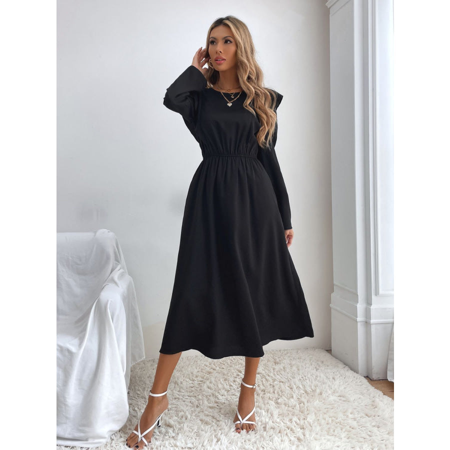 Ruched Ruffled Round Neck Long Sleeve Dress Apparel and Accessories