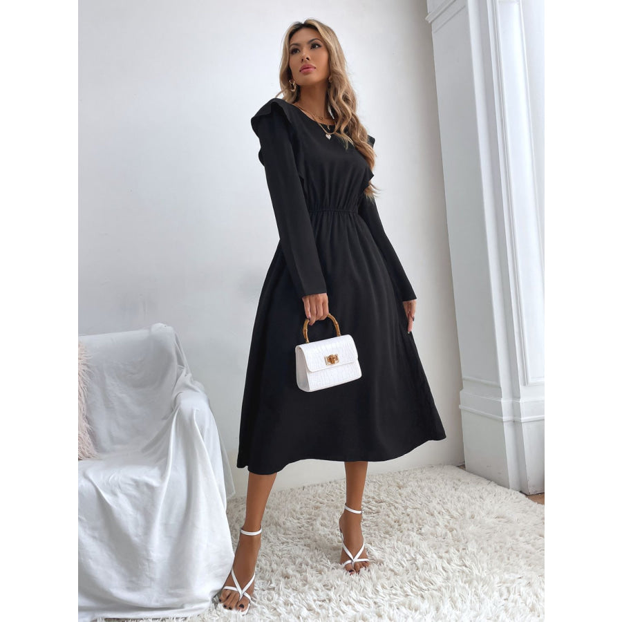 Ruched Ruffled Round Neck Long Sleeve Dress Apparel and Accessories