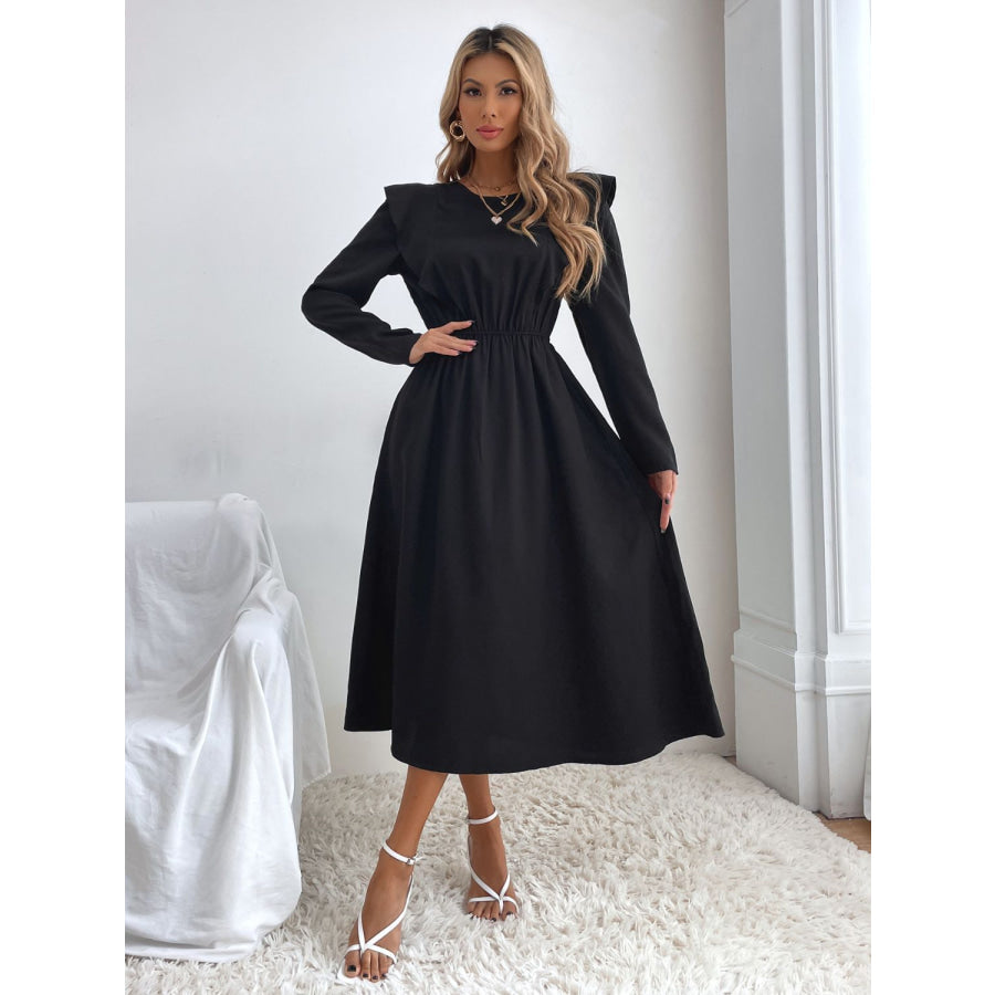 Ruched Ruffled Round Neck Long Sleeve Dress Black / S Apparel and Accessories