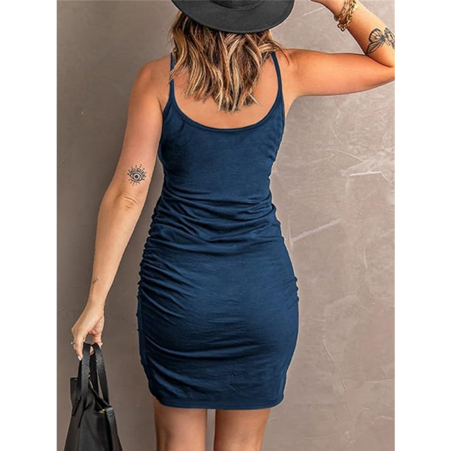 Ruched Scoop Neck Mini Cami Dress Navy / S Apparel and Accessories