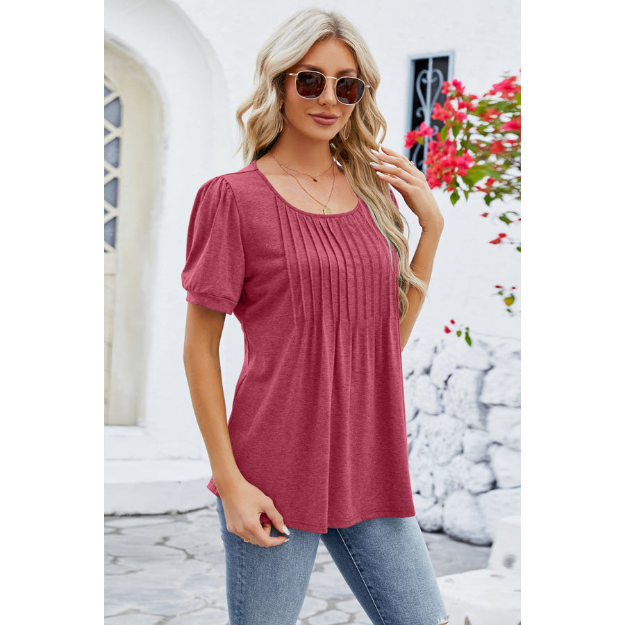 Ruched Scoop Neck Short Sleeve Blouse Apparel and Accessories